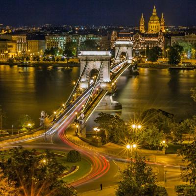 Walk across the Chain Bridge between Buda and Pest (Budapest) Hungary