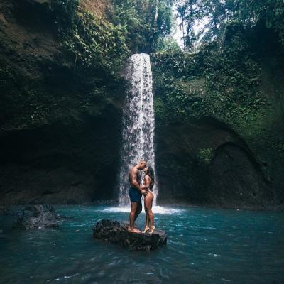 Kiss beneath a waterfall